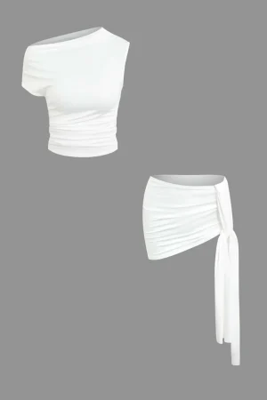Basic Asymmetrical Ruched Crop Top And Tie Mini Skirt Set>MICAS Hot