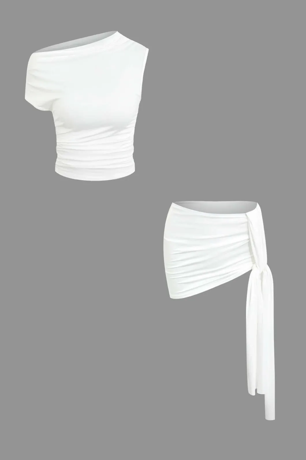 Basic Asymmetrical Ruched Crop Top And Tie Mini Skirt Set>MICAS Hot
