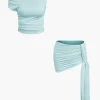 Basic Asymmetrical Ruched Crop Top And Tie Mini Skirt Set>MICAS Hot