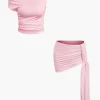 Basic Asymmetrical Ruched Crop Top And Tie Mini Skirt Set>MICAS Hot