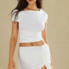 Basic Asymmetrical Ruched Crop Top And Tie Mini Skirt Set>MICAS Hot