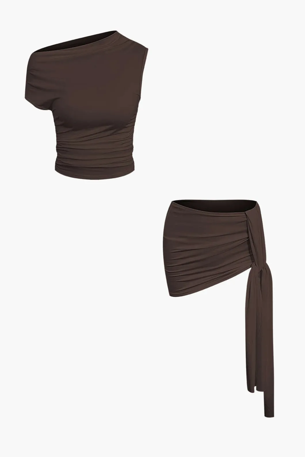 Basic Asymmetrical Ruched Crop Top And Tie Mini Skirt Set>MICAS Hot
