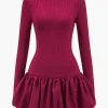 Basic Long Sleeve Cut Out Puff Hem Mini Dress>MICAS Outlet