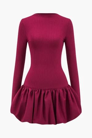 Basic Long Sleeve Cut Out Puff Hem Mini Dress>MICAS Outlet