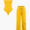 Basic Round Neck Sleeveless Bodysuit And Ripped Drawstring Straight Leg Pants Set>MICAS Sale