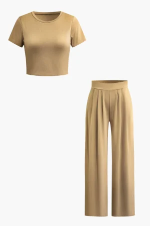 Basic Solid Crop T-shirt And Pleated High Waist Wide Leg Pants Set>MICAS Fashion