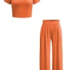 Basic Solid Crop T-shirt And Pleated High Waist Wide Leg Pants Set>MICAS Fashion