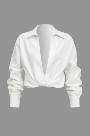 Basic Solid Design V-Neck Long-Sleeve Shirt>MICAS Discount