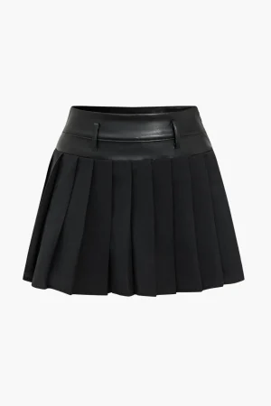 Basic Solid Faux Leather Pleated Mini Skirt>MICAS Online