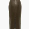 Basic Solid Faux Leather Midi Skirt>MICAS Outlet
