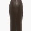 Basic Solid Faux Leather Midi Skirt>MICAS Outlet