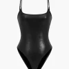 Basic Solid Faux Leather Bodysuit>MICAS Fashion