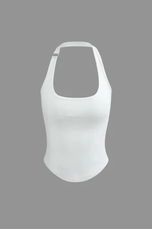 Basic Solid Halter Curved Hem Tank Top>MICAS Fashion