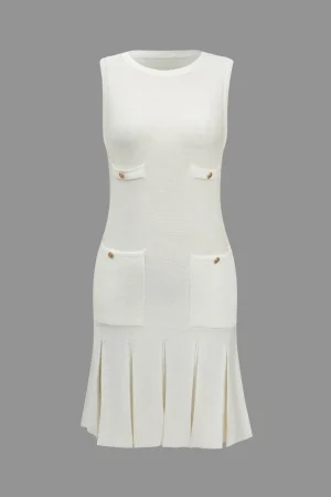 Basic Solid Knit Button Decoration Pleated Dress>MICAS New