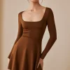 Basic Solid Long Sleeves U-Neck A-Line Mini Dress>MICAS Sale