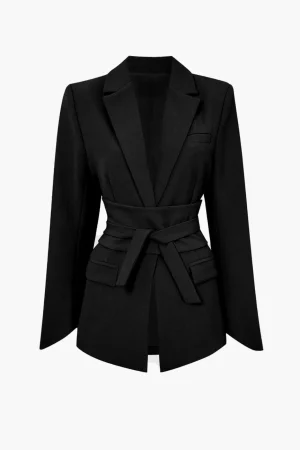 Basic Solid Notched Lapel Belted Blazer>MICAS New