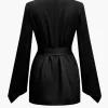 Basic Solid Notched Lapel Belted Blazer>MICAS New