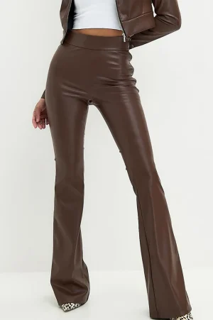 Basic Solid Pu Leather High-Waisted Flared Trousers>MICAS Clearance