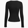 Basic Solid Round Neck Ribbed Long-Sleeve Top>MICAS New