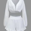 Basic Solid V-Neck Puff Sleeve Crop Top Two-Piece Set>MICAS Sale