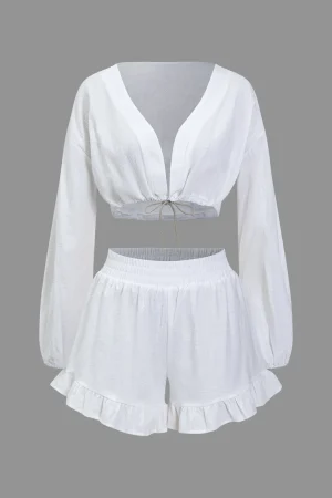 Basic Solid V-Neck Puff Sleeve Crop Top Two-Piece Set>MICAS Sale