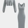 Basic V-neck Sleeveless Maxi Dress And Hooded Crop Sweatshirt Set>MICAS Fashion