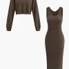 Basic V-neck Sleeveless Maxi Dress And Hooded Crop Sweatshirt Set>MICAS Fashion