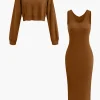 Basic V-neck Sleeveless Maxi Dress And Hooded Crop Sweatshirt Set>MICAS Fashion