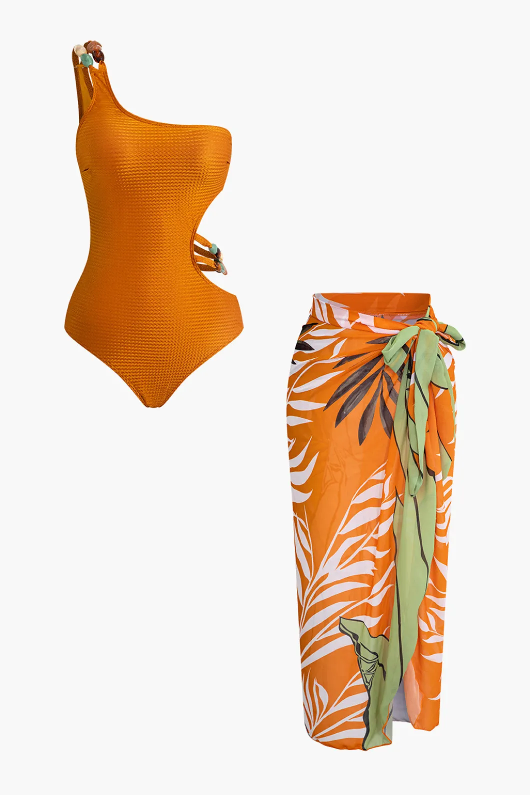 Bead Cut Out One Shoulder Swimsuit And Leaves Print Wrap Skirt Set>MICAS Online
