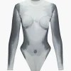 Body Print Mesh Long Sleeve Bodysuit>MICAS Clearance
