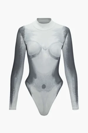 Body Print Mesh Long Sleeve Bodysuit>MICAS Clearance