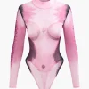 Body Print Mesh Long Sleeve Bodysuit>MICAS Clearance