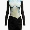 Body Print Round Neck Long Sleeve Ruched Mini Dress>MICAS Sale