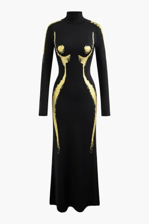 Body Print Turtle Neck Long Sleeve Maxi Dress>MICAS Clearance