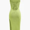 Braided Tie Slip Slit Knit Midi Dress>MICAS Outlet