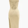 Braided Tie Slip Slit Knit Midi Dress>MICAS Outlet