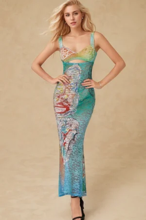 Butterfly Print Cut Out Mesh Strap Maxi Dress>MICAS Clearance