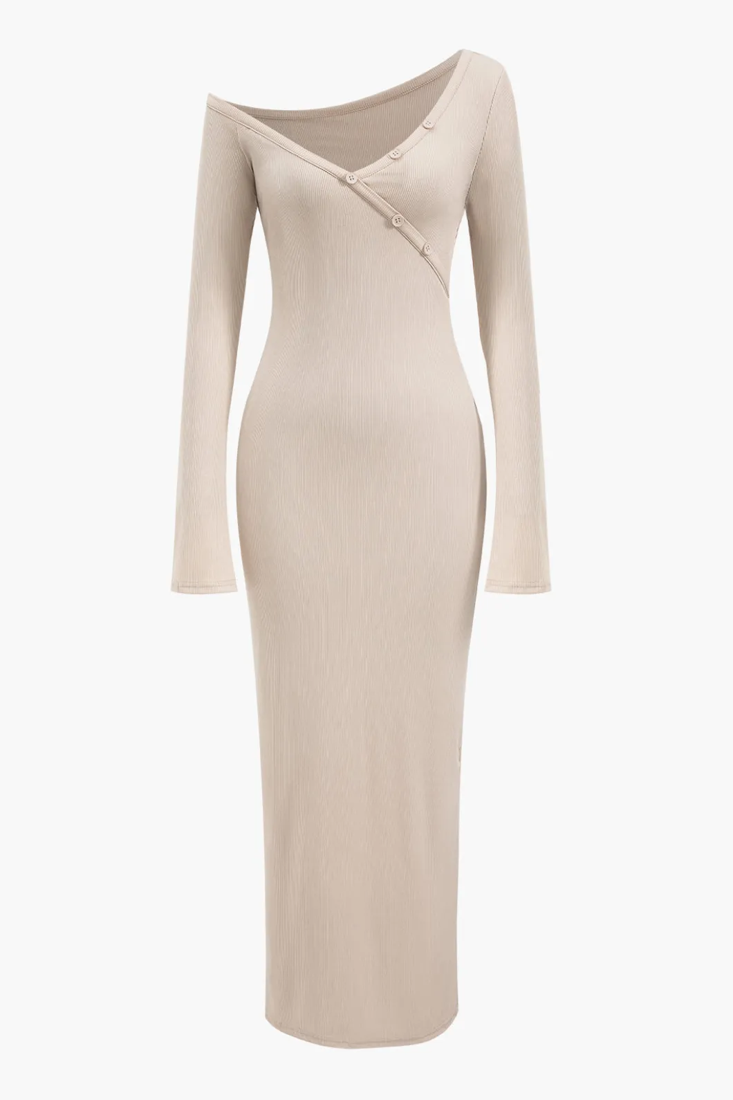 Button Asymmetric Neck Long Sleeve Maxi Dress>MICAS Discount