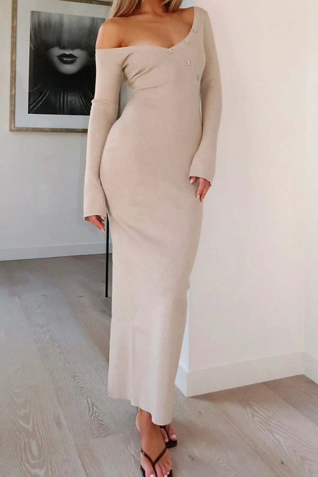 Button Asymmetric Neck Long Sleeve Maxi Dress>MICAS Discount