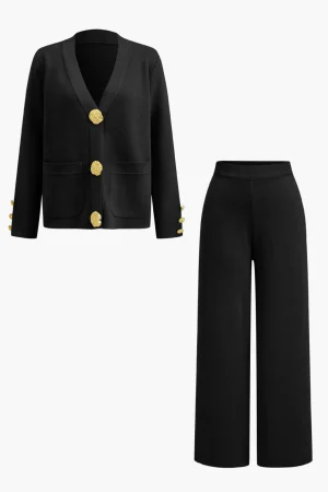 Button Detail Knit Cardigan And Wide-Leg Pants Set>MICAS Online