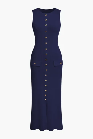 Button Front Sleeveless Ribbed Knit Maxi Dress>MICAS Outlet