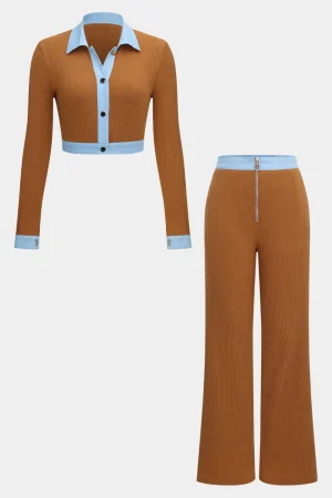 Button Patchwork Long Sleeve Top And Zipper Trousers Set>MICAS Clearance