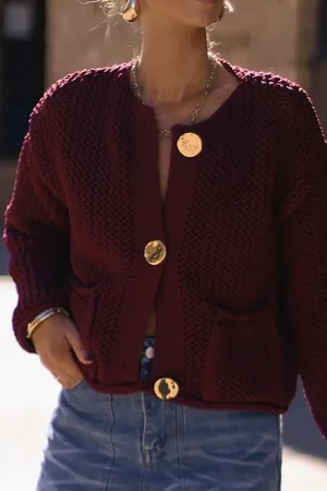 Button Round Neck Sweater Cardigan>MICAS Online