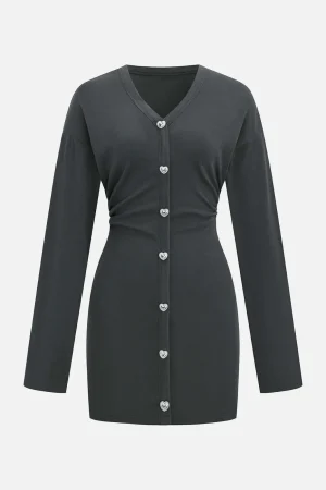 Button V-Neck Long Sleeve Mini Dress>MICAS Discount