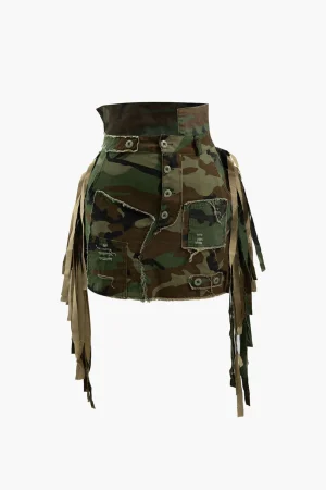 Camo Frayed Patchwork Fringe Mini Skirt>MICAS Fashion