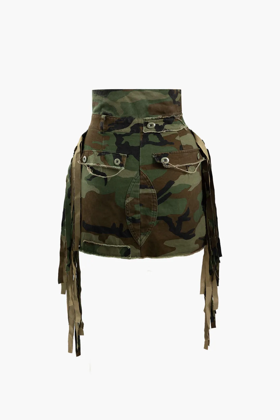 Camo Frayed Patchwork Fringe Mini Skirt>MICAS Fashion