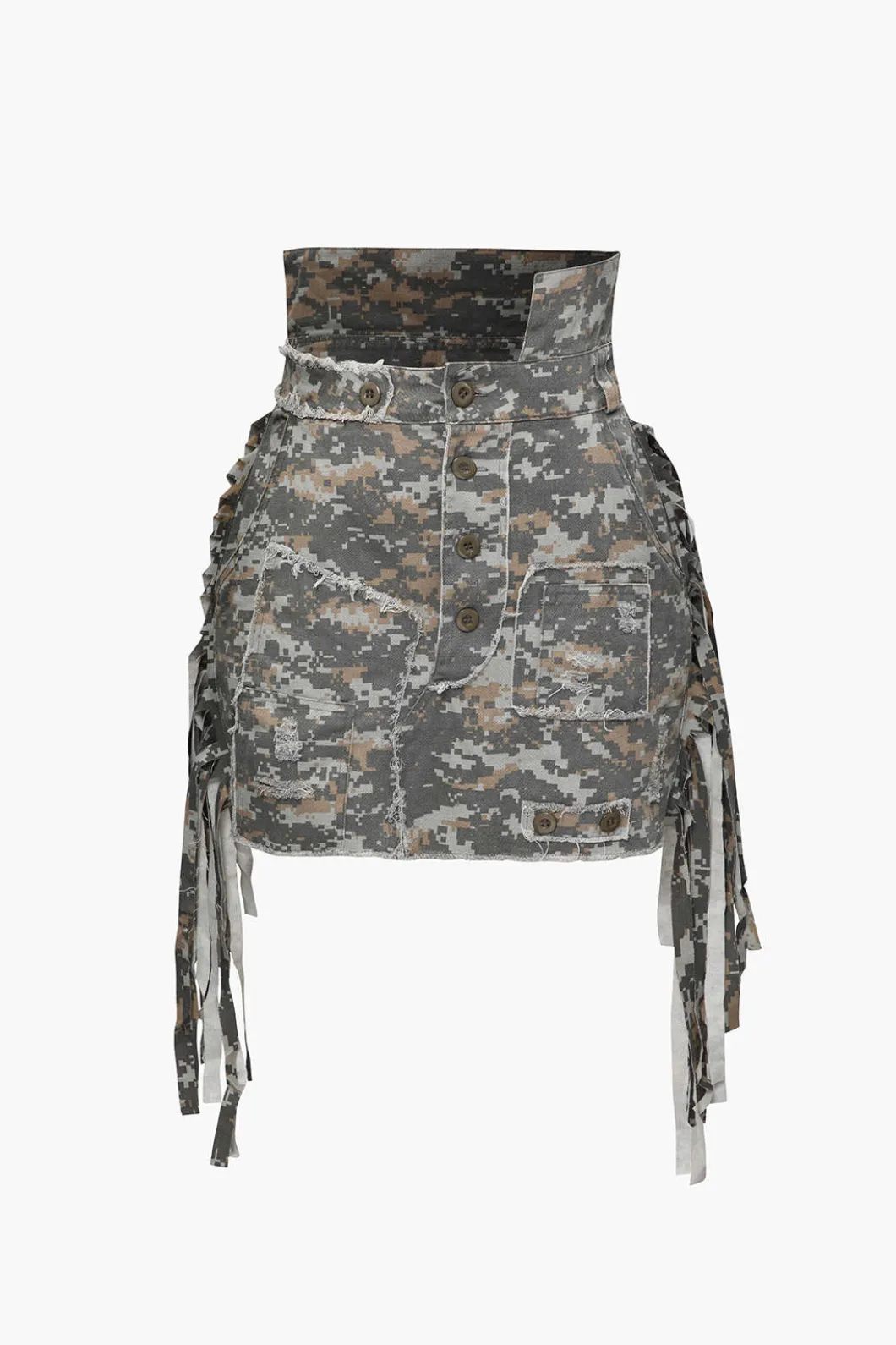 Camo Frayed Patchwork Fringe Mini Skirt>MICAS Fashion