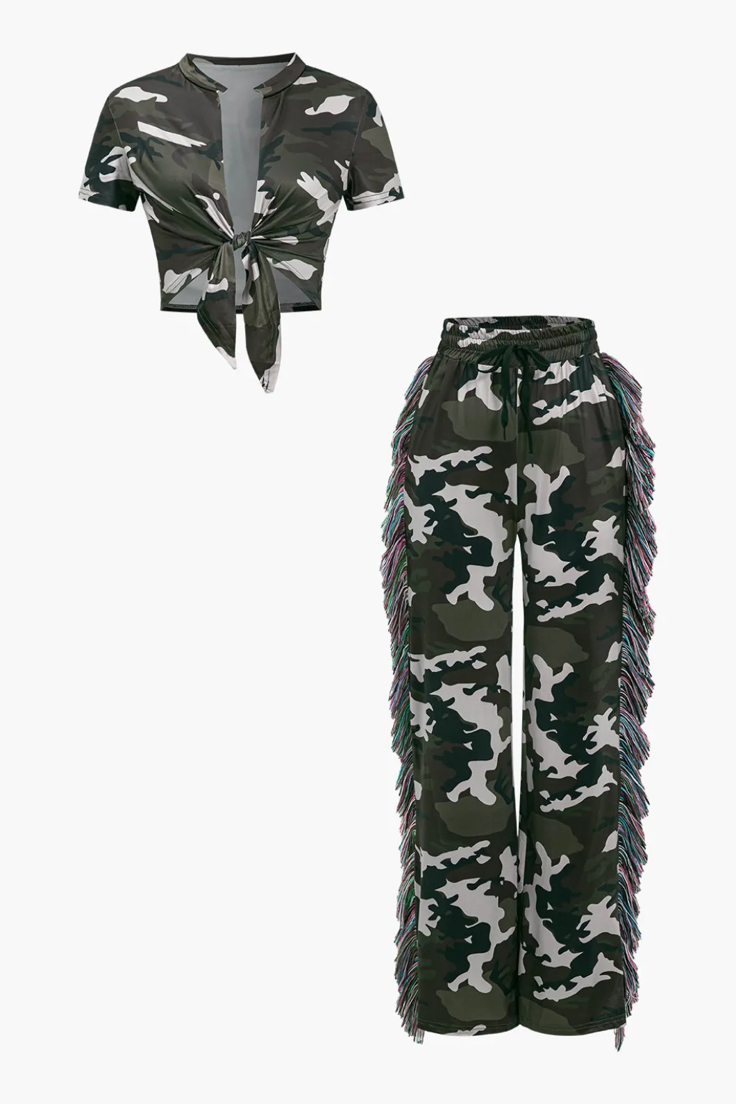Camo Print Fringe Pocket Top And Trouser Set>MICAS Best