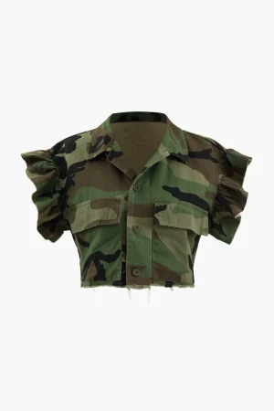 Camo Ruffle Sleeve Crop Frayed T-Shirt>MICAS New