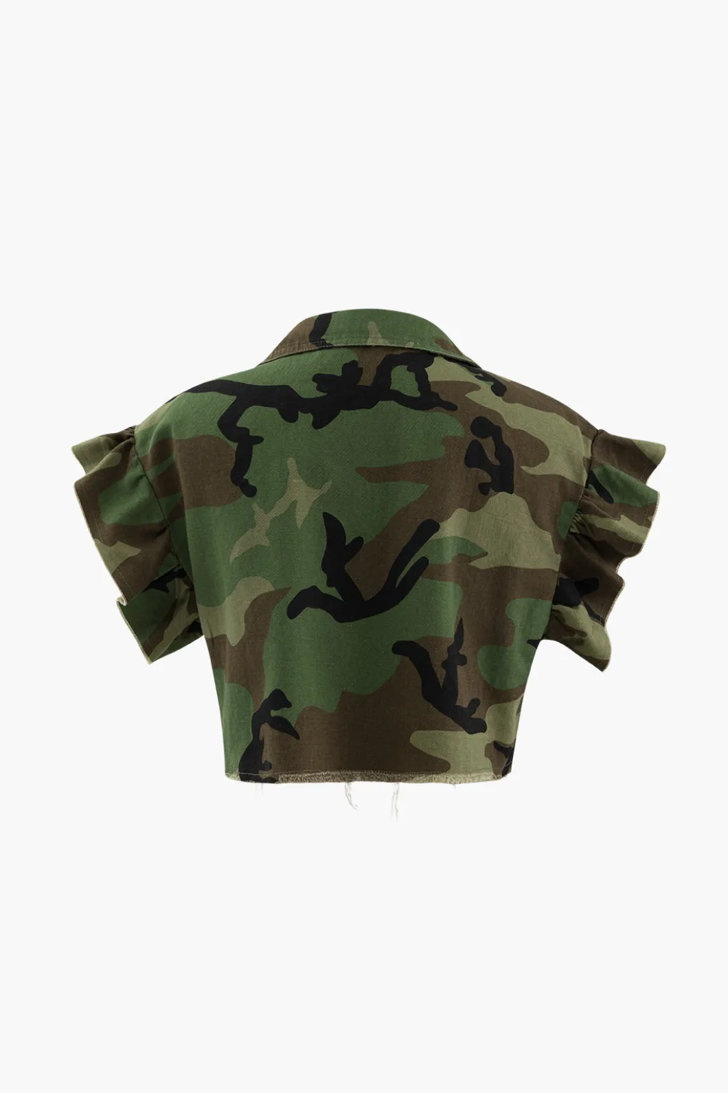 Camo Ruffle Sleeve Crop Frayed T-Shirt>MICAS New